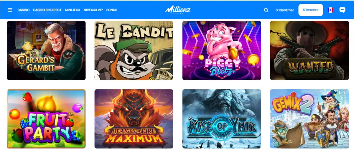 Jeux disponibles sur Millionz Casino